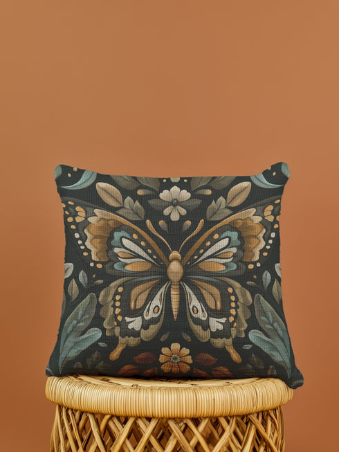A square decorative pillow featuring an intricately detailed butterfly design in amber, gold, sage green and cream colors against a black background. The butterfly is surrounded by botanical elements with symmetrical floral patterns.